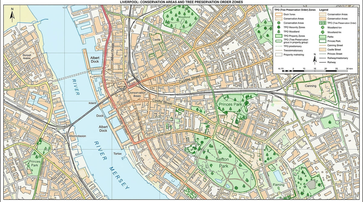 `Survey map of Liverpool showing Tree Preservation Order (TPO) zones and Conservation Areas including Sefton Park and Canning`